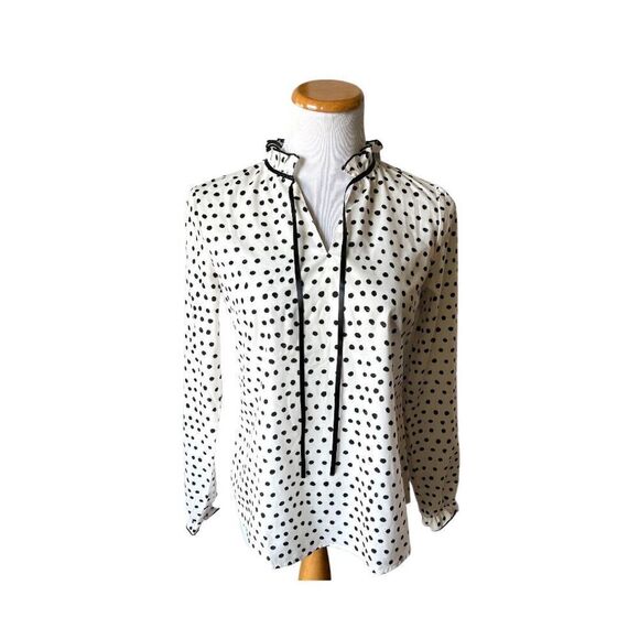 NWT Womens Allegra K Polka Dot Tie Neckline Flounce Long Sleeve Blouse Top - XS - Picture 2 of 2